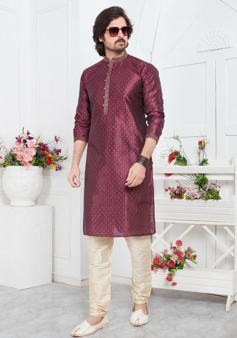 Magenta Pintux Work Jacquard Kurta Set For Men