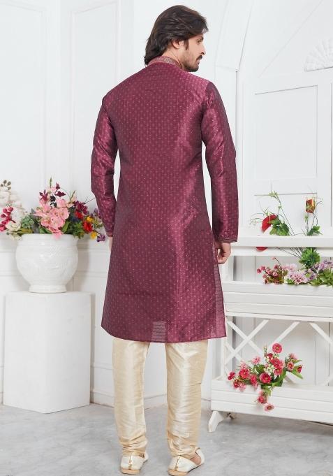 Magenta Pintux Work Jacquard Kurta Set For Men