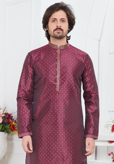 Magenta Pintux Work Jacquard Kurta Set For Men