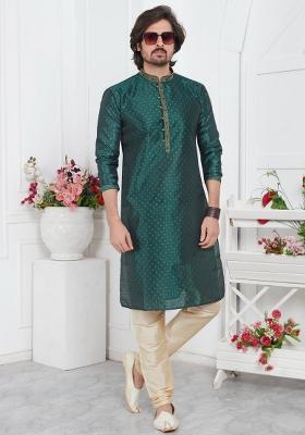 Green Pintux Work Jacquard Kurta Set For Men