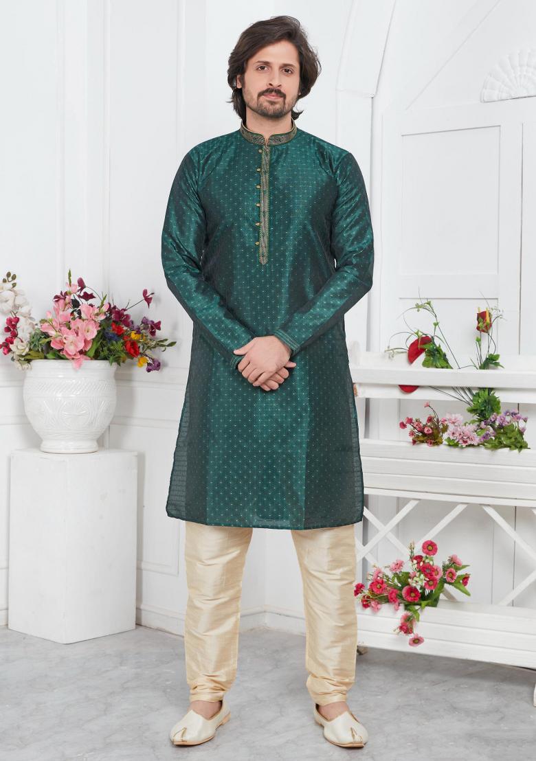Green Pintux Work Jacquard Kurta Set For Men
