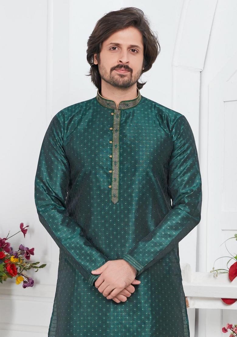 Green Pintux Work Jacquard Kurta Set For Men