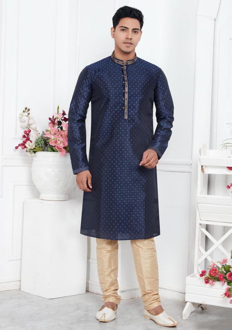 Blue Pintux Work Jacquard Kurta Set For Men