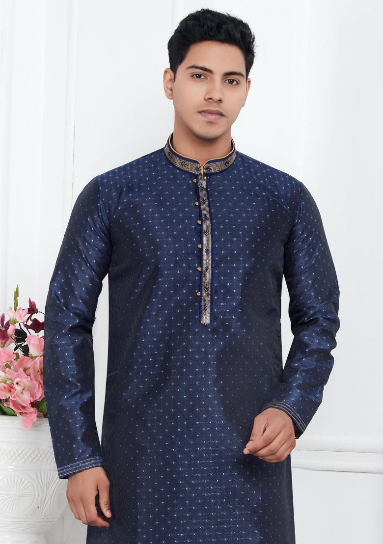 Blue Pintux Work Jacquard Kurta Set For Men