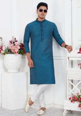 Blue Pintux Work Jacquard Kurta Set For Men