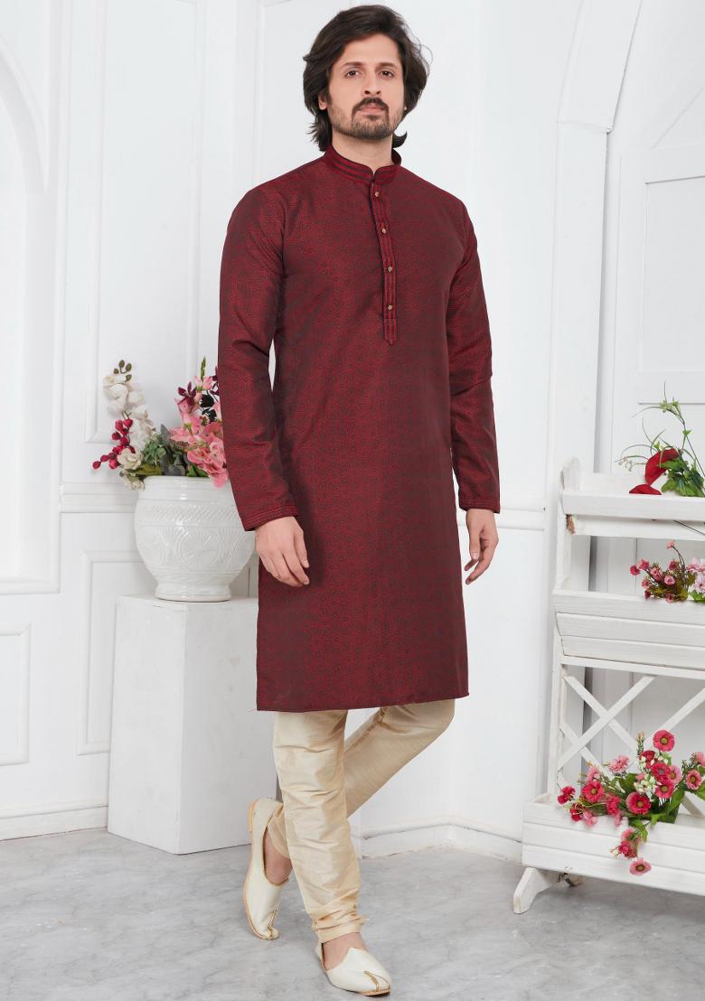 Maroon Pintux Work Jacquard Kurta Set For Men