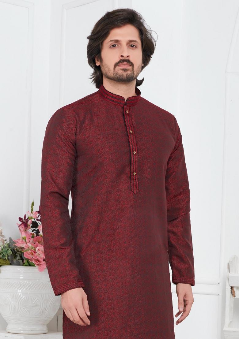 Maroon Pintux Work Jacquard Kurta Set For Men
