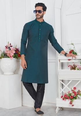 Dark Teal Green Pintux Work Jacquard Kurta Set For Men