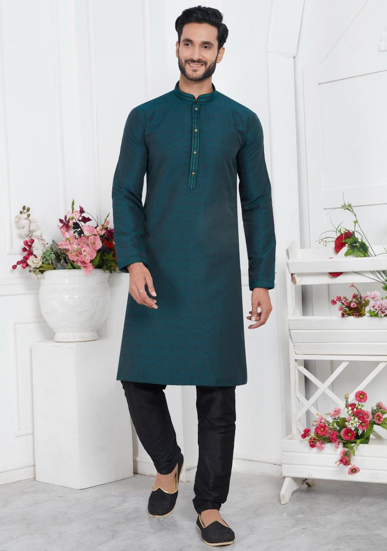 Dark Teal Green Pintux Work Jacquard Kurta Set For Men