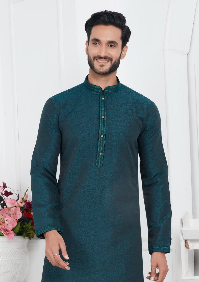 Dark Teal Green Pintux Work Jacquard Kurta Set For Men