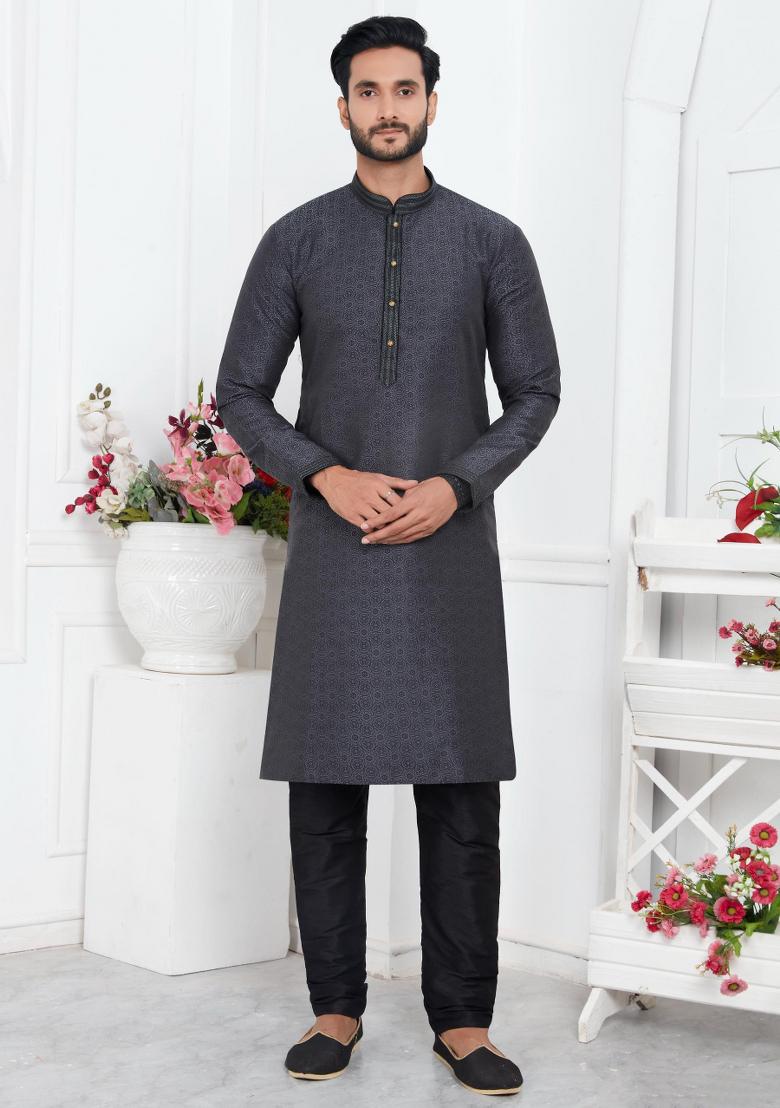 Black Pintux Work Jacquard Kurta Set For Men