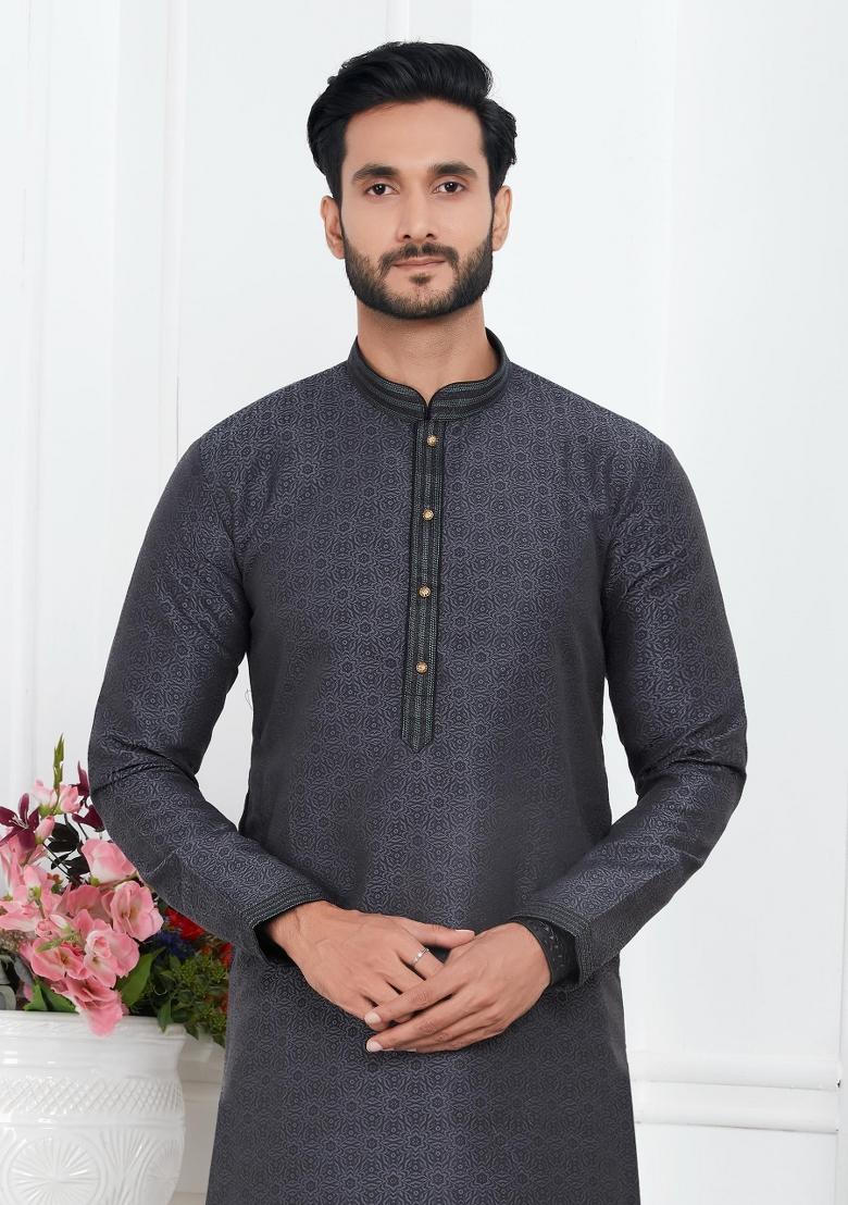 Black Pintux Work Jacquard Kurta Set For Men