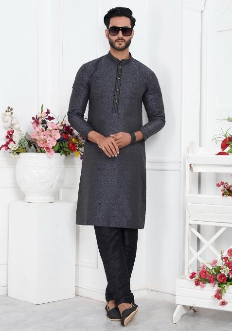 Black Pintux Work Jacquard Kurta Set For Men