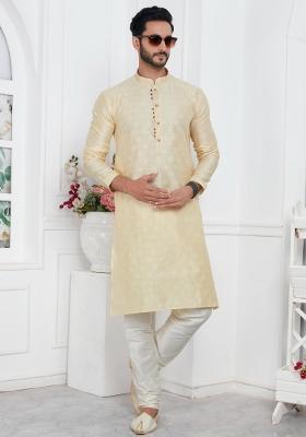 Cream Pintux Work Jacquard Kurta Set For Men