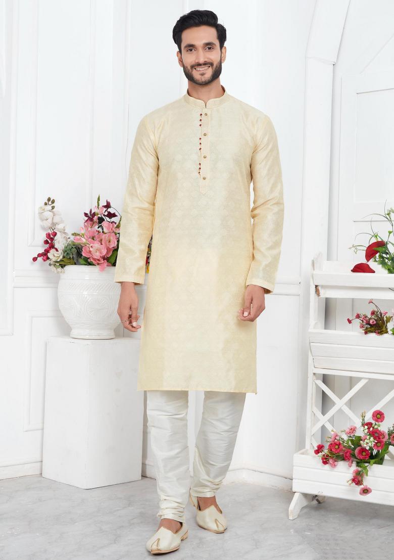 Cream Pintux Work Jacquard Kurta Set For Men
