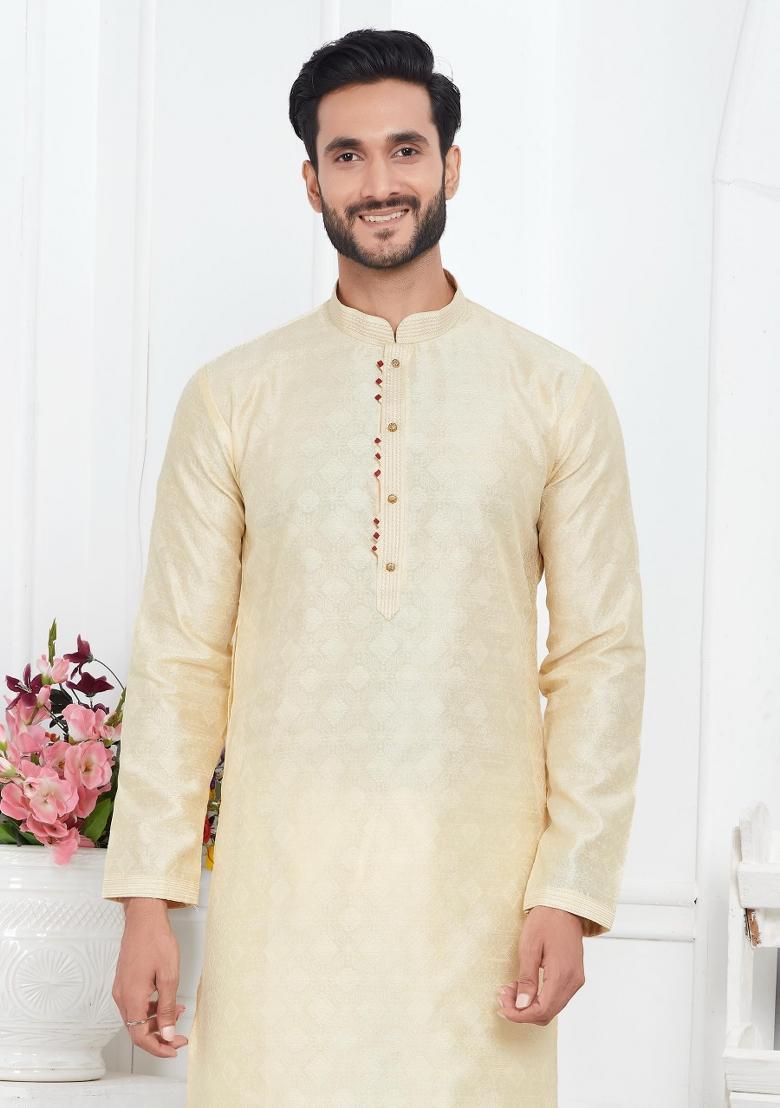 Cream Pintux Work Jacquard Kurta Set For Men