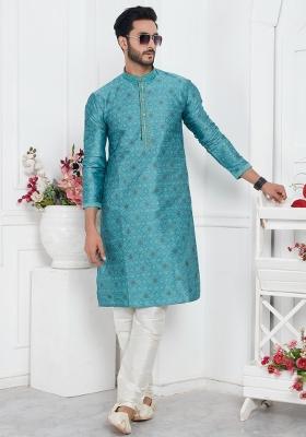 Blue Pintux Work Jacquard Kurta Set For Men