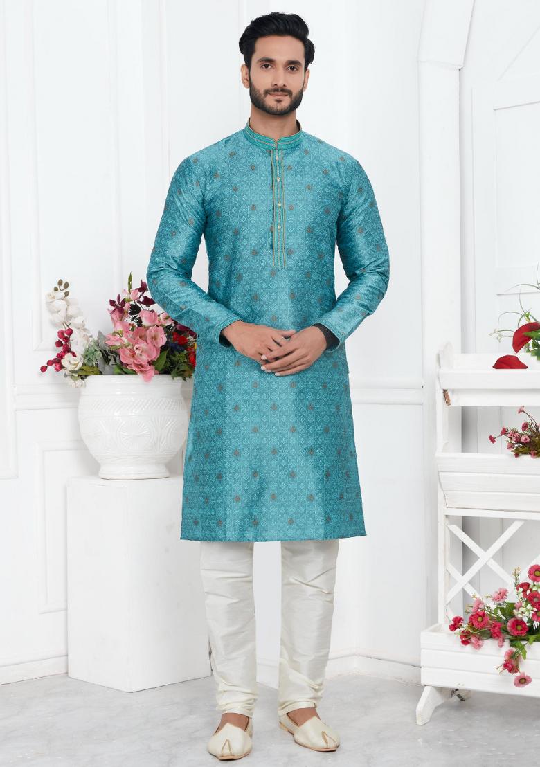 Blue Pintux Work Jacquard Kurta Set For Men