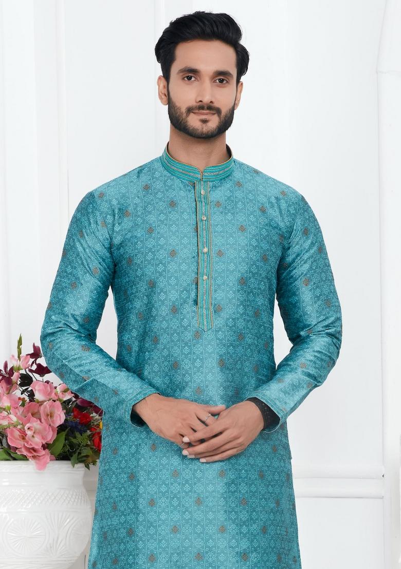Blue Pintux Work Jacquard Kurta Set For Men