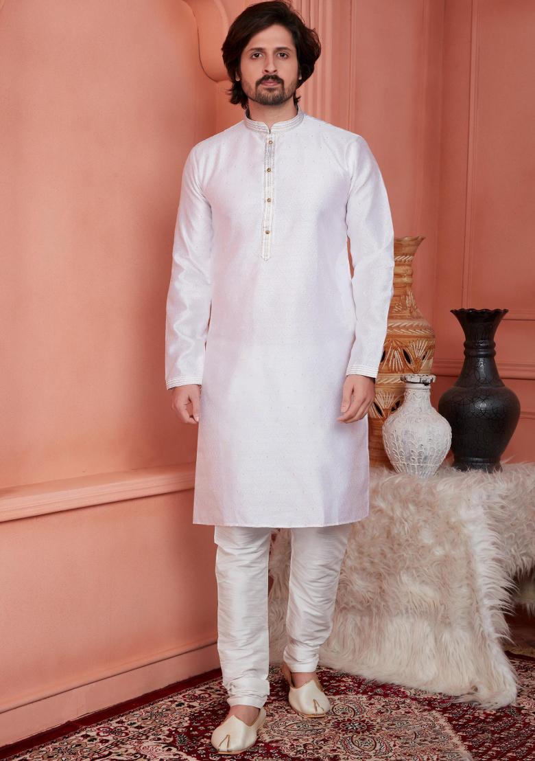Baby Pink Pintux Work Jacquard Kurta Set For Men