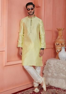 Yellow Pintux Work Jacquard Kurta Set For Men
