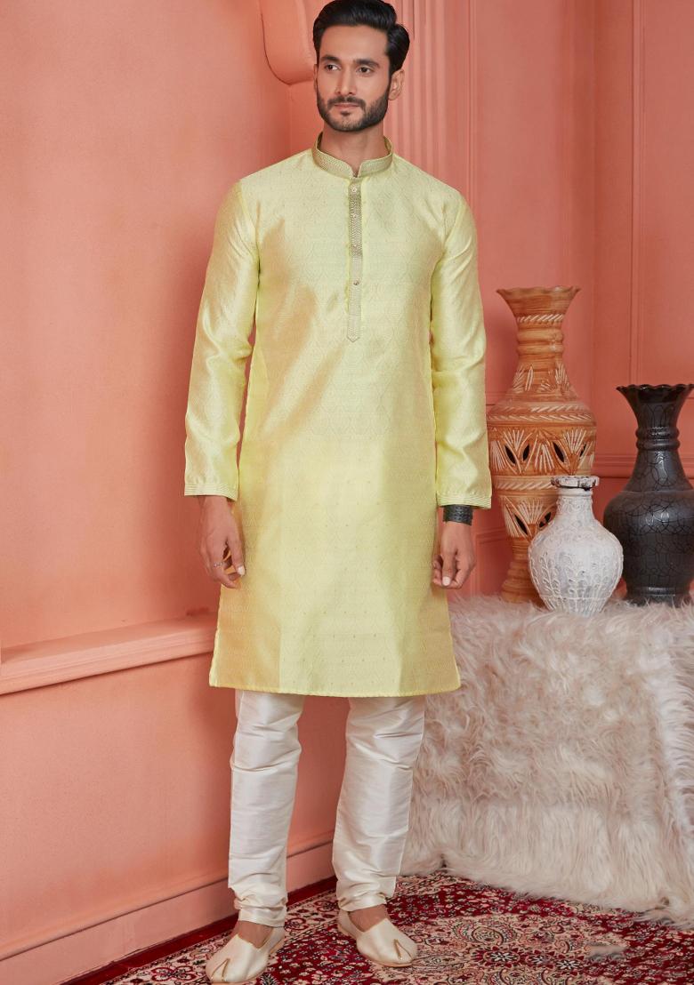Yellow Pintux Work Jacquard Kurta Set For Men