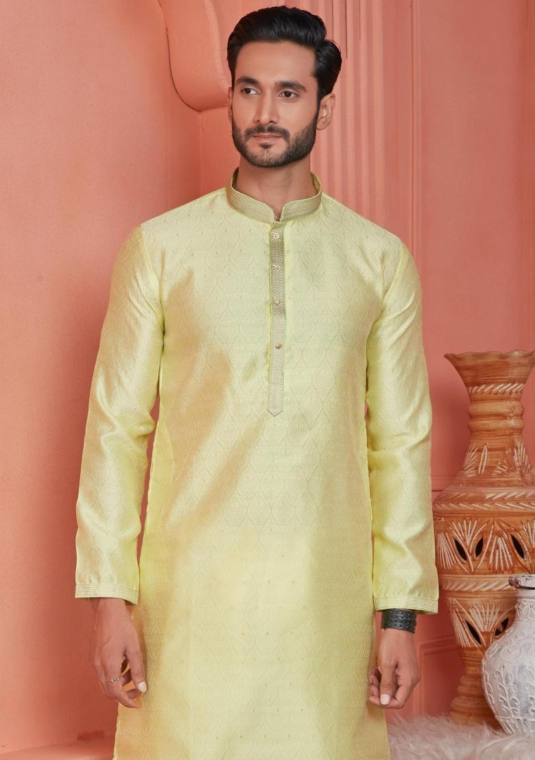 Yellow Pintux Work Jacquard Kurta Set For Men
