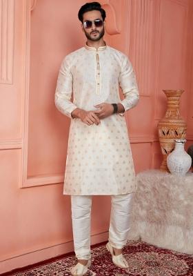 Cream Pintux Work Jacquard Kurta Set For Men