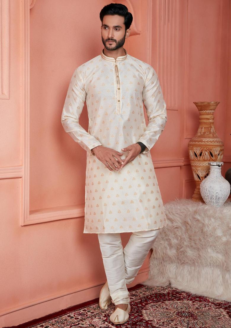 Cream Pintux Work Jacquard Kurta Set For Men