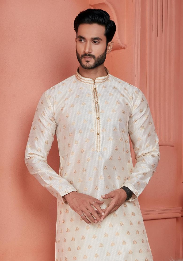 Cream Pintux Work Jacquard Kurta Set For Men