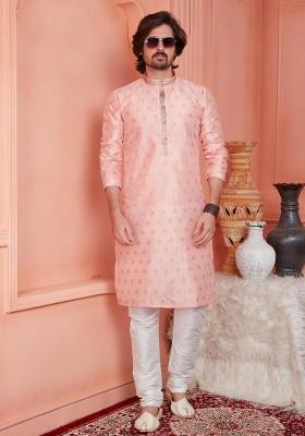 Peach Pintux Work Jacquard Kurta Set For Men