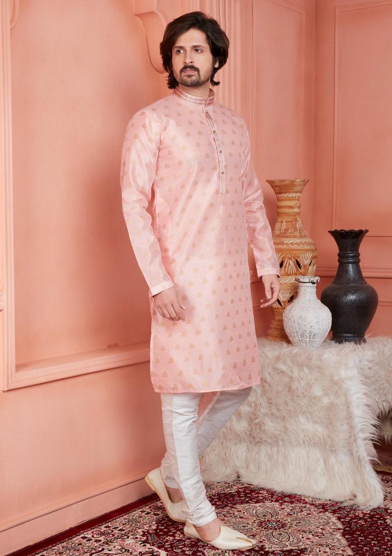 Peach Pintux Work Jacquard Kurta Set For Men