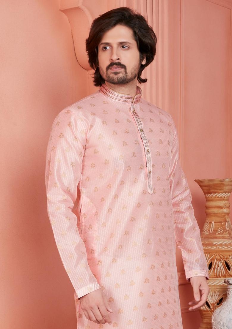 Peach Pintux Work Jacquard Kurta Set For Men