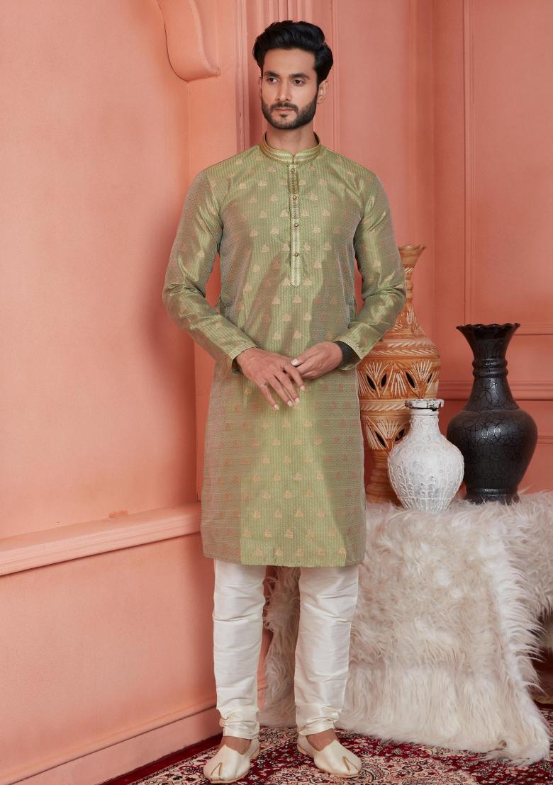 Green Pintux Work Jacquard Kurta Set For Men