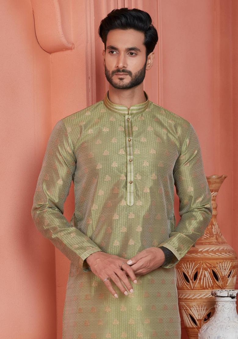 Green Pintux Work Jacquard Kurta Set For Men