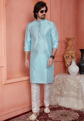 Sky Blue Pintux Work Jacquard Kurta Set For Men