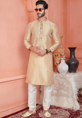 Beige Pintux Work Jacquard Kurta Set For Men