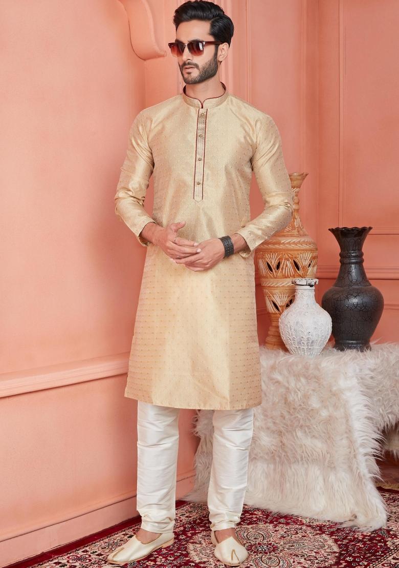 Beige Pintux Work Jacquard Kurta Set For Men