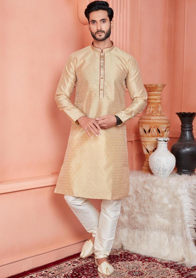 Beige Pintux Work Jacquard Kurta Set For Men