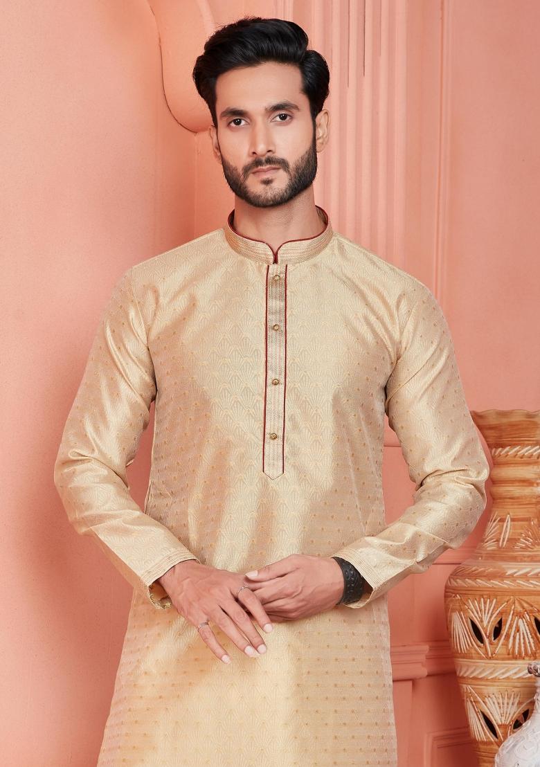 Beige Pintux Work Jacquard Kurta Set For Men