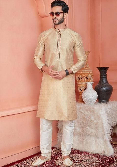Beige Pintux Work Jacquard Kurta Set For Men