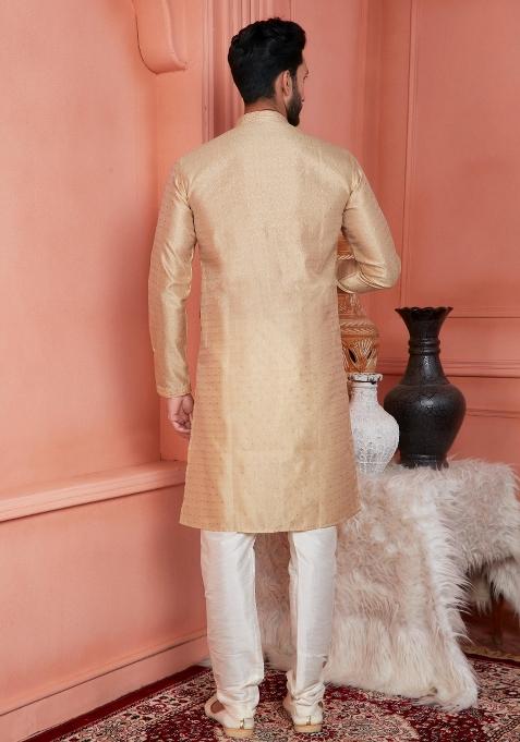 Beige Pintux Work Jacquard Kurta Set For Men