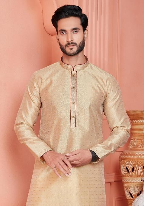 Beige Pintux Work Jacquard Kurta Set For Men