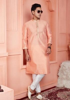 Peach Pintux Work Jacquard Kurta Set For Men