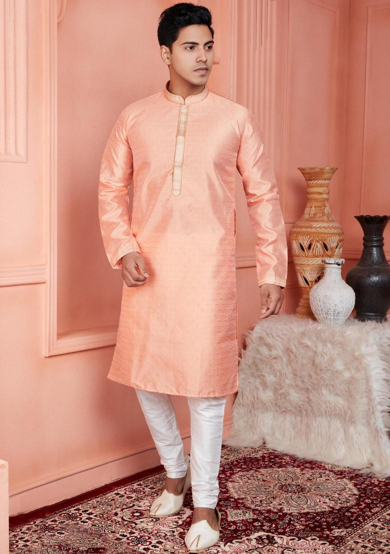 Peach Pintux Work Jacquard Kurta Set For Men
