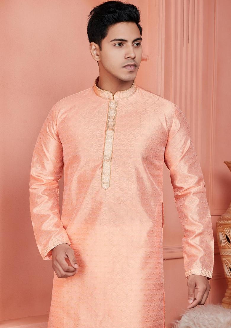 Peach Pintux Work Jacquard Kurta Set For Men