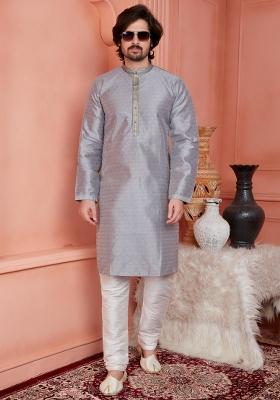 Grey Pintux Work Jacquard Kurta Set For Men
