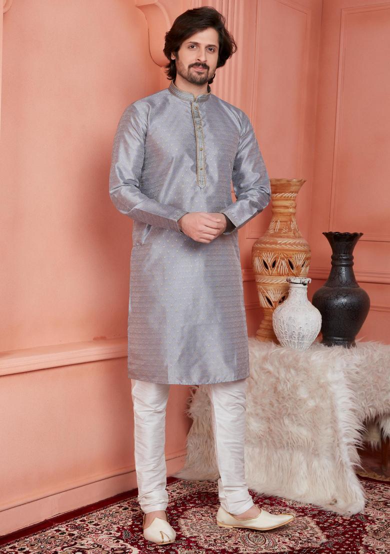 Grey Pintux Work Jacquard Kurta Set For Men