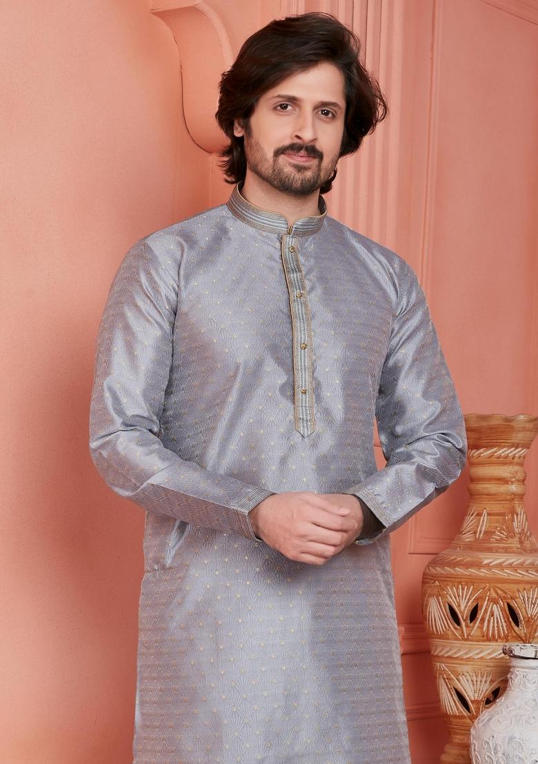 Grey Pintux Work Jacquard Kurta Set For Men