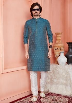 Blue Pintux Work Jacquard Kurta Set For Men